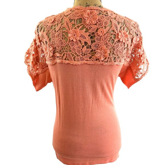 Leo Guy Women's Peach Lace Top Short Sleeve Stretch Soft T-shirt Top Sz 1/6-8 US - Picture 4 of 12